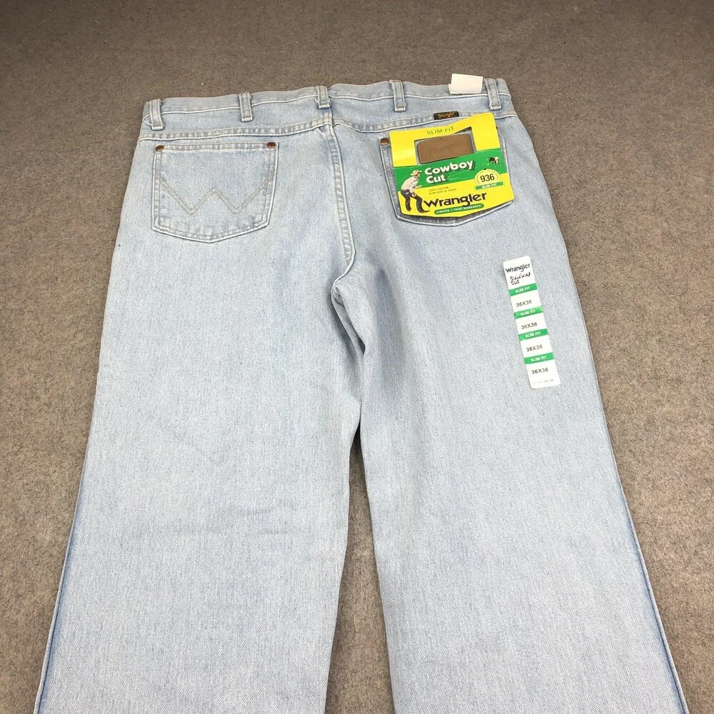 Wrangler Jeans Mens 36x34 Blue Light Wash Slim Straight Denim Cowboy Cut 936